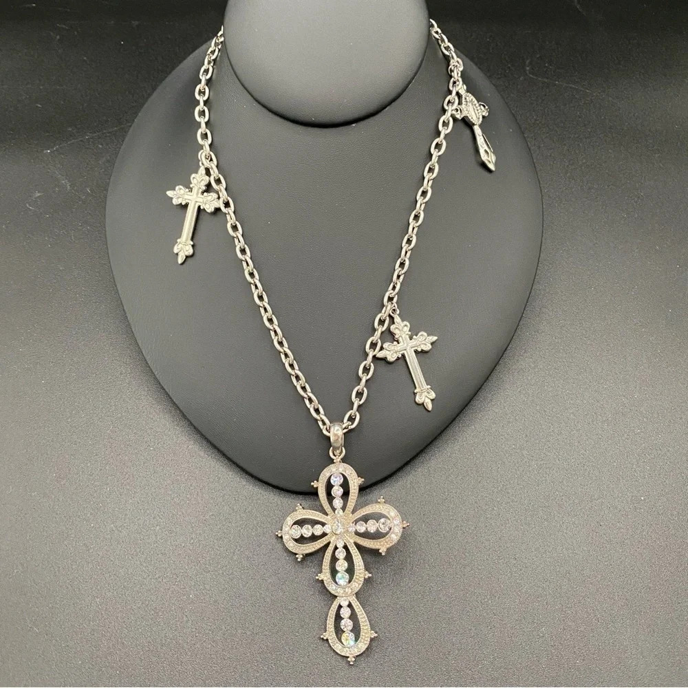 Gothic Multi-Cross Silver Tone Necklace 23in